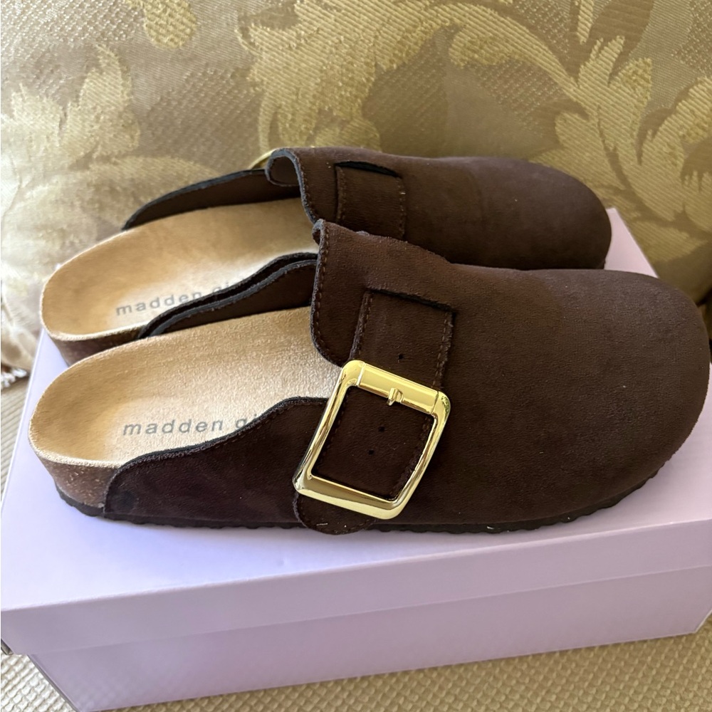 Madden Girl Brown Suede Slip-On Clogs with Gold Buckle